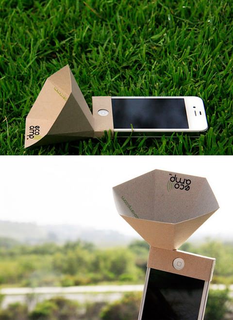 ↑ The eco-amp, an environmentally friendly iPhone speaker amplifier