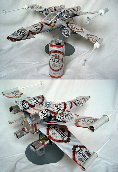 ↑ X-Wing fighter made from recycled Kaiser beer cans