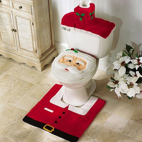 ↑ 4 Pcs Christmas Bathroom Toilet Cover and Rug Set - Happy Santa