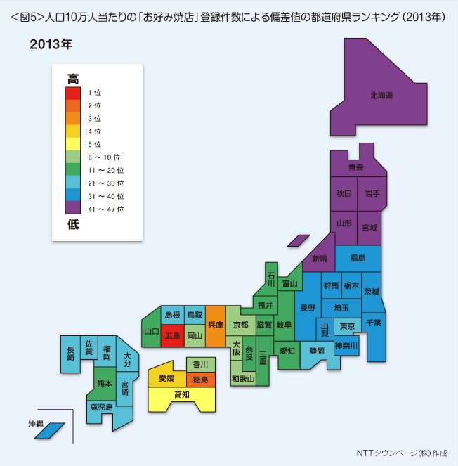 ↑ 人口10万人当たりのお好み焼き店登録件数による偏差値の都道府県ランキング(2013年)